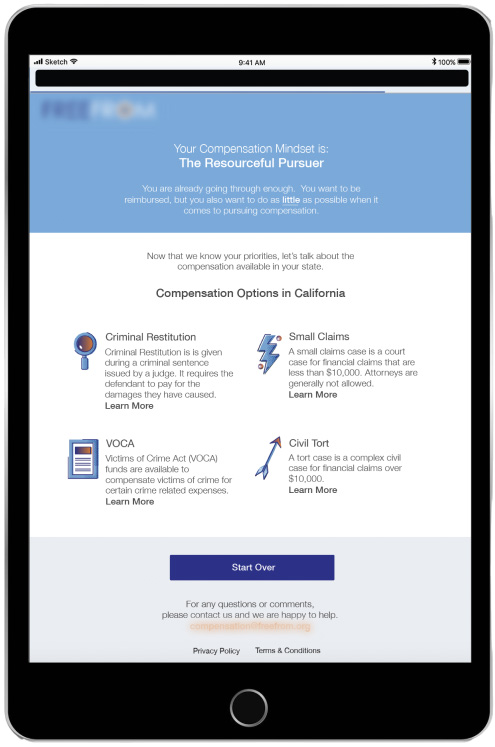 Tablet showing a personalized compensation guidance tool for survivors